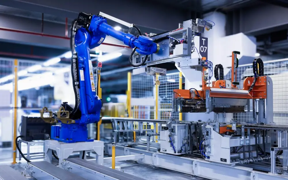 Blue industrial robot arm in factory, illustrating robotics pilot planning